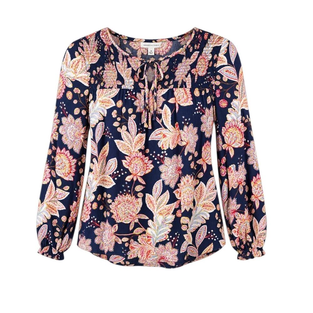 Lucky Brand Floral Long Sleeve Tunic Top Navy Sz Small Viscose Boho Cottagecore